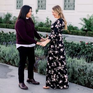 Black Long Floral Maxi Dress Quarter Sleeve